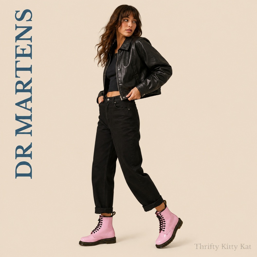 Dr Martens 26425 Patent Leather 8 Eye Lace Up Combat Boots Pink Black Punkcore 6